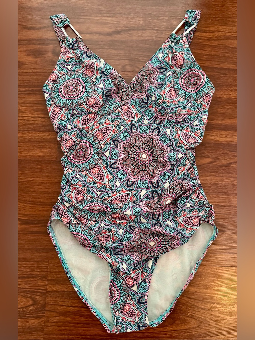 Patterned One-Piece Swimsuit in Teal & Pink